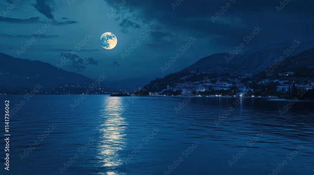 Serene Nightscape: Coastal Town Under a Full Moon Serene Nightscape: Coastal Town Under a Full Moon