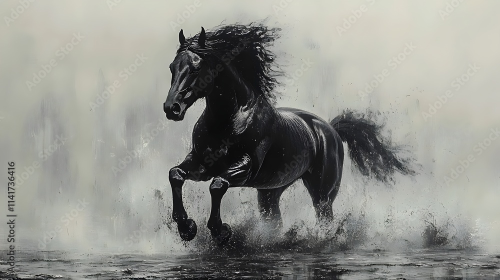 A black horse is running through a muddy field A black horse is running through a muddy field
