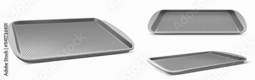 Food tray mockups set isolated on transparent background. Vector realistic illustration of plastic flat gray container for serving meal at school canteen, cafeteria, self-service cafe, top side view