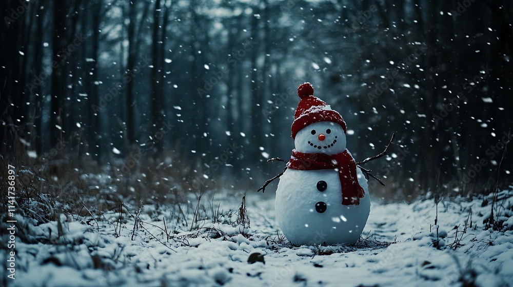 Fototapeta premium Snowman With Red Hat And Scarf In Winter Forest With Snow Falling