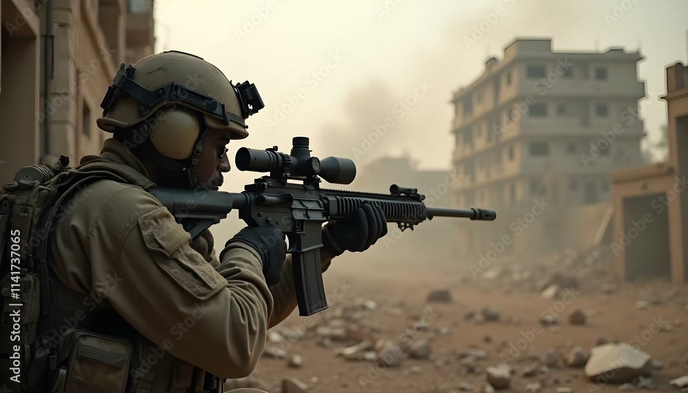 A soldier in tactical gear crouched behind cover, aiming a sniper rifle at an unseen target in a warzone. Destroyed buildings and a smoky sky highlight the seriousness of the military environment. A soldier in tactical gear crouched behind cover, aiming a sniper rifle at an unseen target in a warzone. Destroyed buildings and a smoky sky highlight the seriousness of the military environment.
