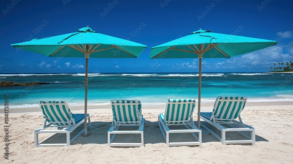 Tranquil beach scene with turquoise umbrellas and white lounge chairs on pristine sand overlooking a calm ocean under a vibrant blue sky. Tranquil beach scene with turquoise umbrellas and white lounge chairs on pristine sand overlooking a calm ocean under a vibrant blue sky.