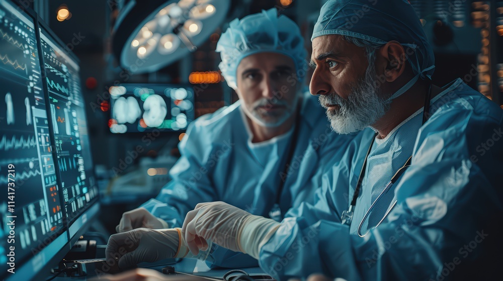 Two Surgeons Monitoring Advanced Robotic Arms Performing Nanosurgery on Patient in High-Tech Hospital While Observing Vital Stats Two Surgeons Monitoring Advanced Robotic Arms Performing Nanosurgery on Patient in High-Tech Hospital While Observing Vital Stats