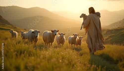 The Good Shepherd carrying a lamb on His shoulders, surrounded by sheep in a lush pasture, with soft dawn light and distant mountains, creating a peaceful, divine atmosphere.