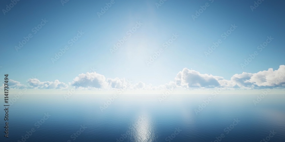 Fototapeta premium Serene Blue Sky Above Calm Ocean with Wispy Clouds and Gentle Reflections at Dawn