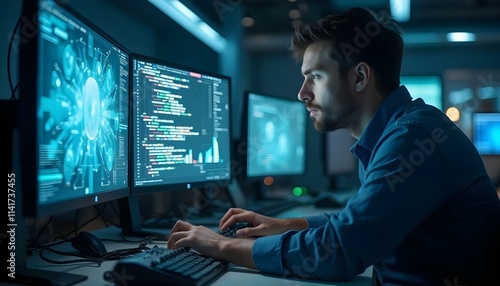 A software developer coding in a futuristic workspace, using three monitors with holographic interfaces displaying lines of code and 3D models of applications.