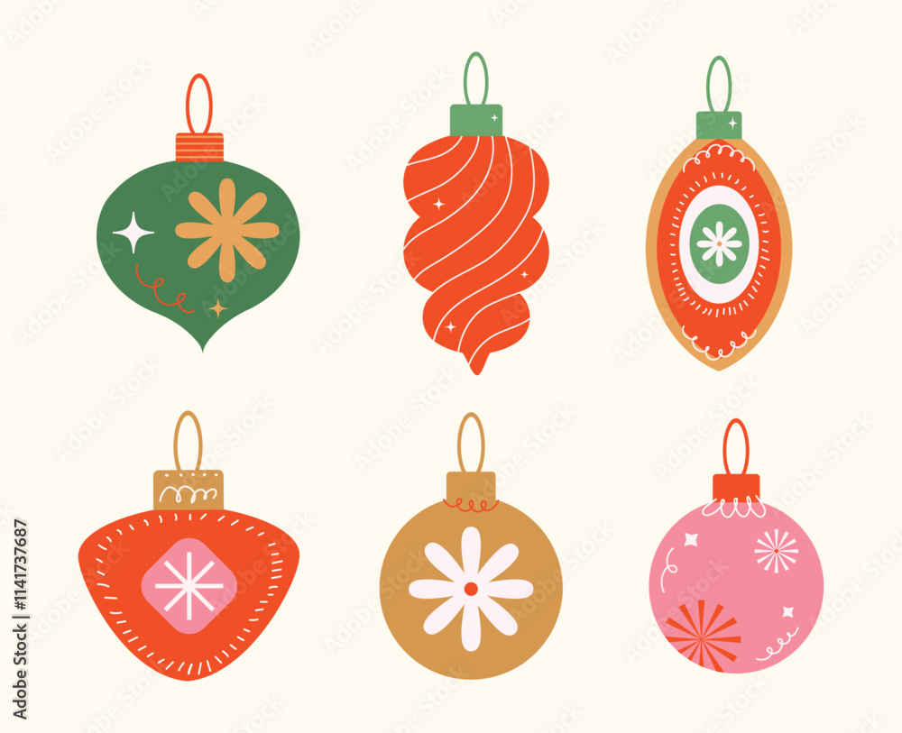 Christmas baubles set with trendy geometric ornament. Merry Christmas background for decorations, gift, greeting cards, banner, poster. Cute Xmas balls in flat, minimalist, hand drawn, style. Vector Christmas baubles set with trendy geometric ornament. Merry Christmas background for decorations, gift, greeting cards, banner, poster. Cute Xmas balls in flat, minimalist, hand drawn, style. Vector