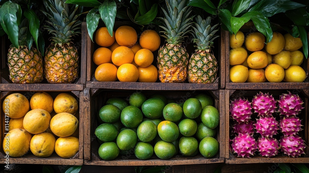 A vibrant display of assorted fruits in wooden crates, showcasing freshness and variety. A vibrant display of assorted fruits in wooden crates, showcasing freshness and variety.