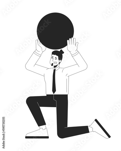 Stressed office worker holds sphere data point above head black and white 2D line character. Nervous pressured male employee round ball isolated vector outline person. Monochromatic spot illustration