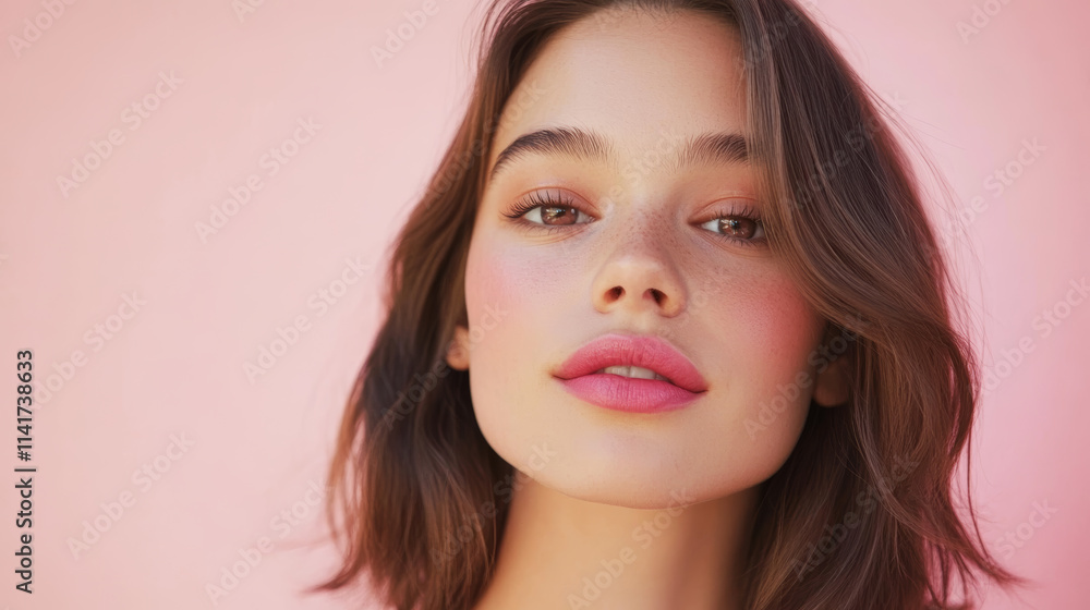 Model poses with soft makeup against a pastel pink background showcasing natural beauty and modern fashion trends Model poses with soft makeup against a pastel pink background showcasing natural beauty and modern fashion trends