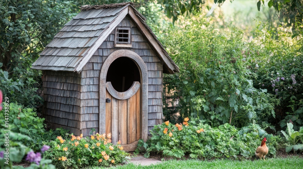A quaint wooden doghouse surrounded by greenery and flowers, with a chicken nearby.