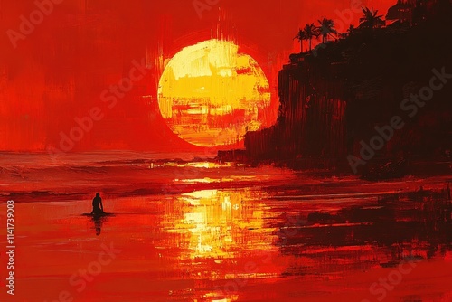 A serene sunset over a beach, featuring a figure silhouetted by the vibrant orange sun, reflecting across the tranquil ocean waters.