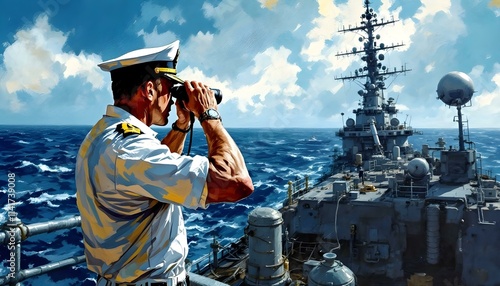 A bosun looking through binoculars on a ship's deck, scanning the horizon with the sea in the background photo