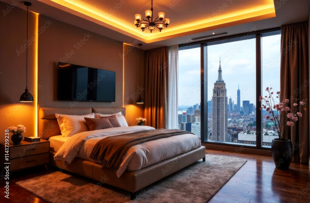 bedroom interior with king size bed and large stained glass window with large flat screen tv bedroom interior with king size bed and large stained glass window with large flat screen tv