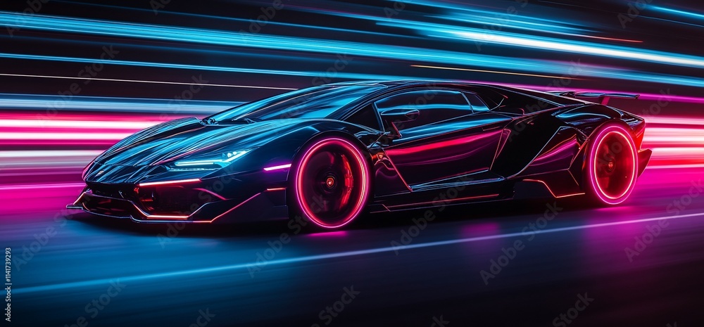 A futuristic sports car in motion with vibrant neon lights. A futuristic sports car in motion with vibrant neon lights.