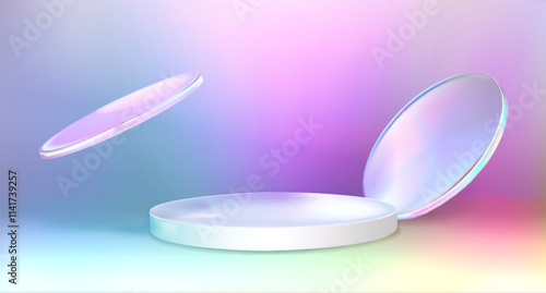 Minimalist hologram podium with flying disks on gradient iridescent background. Round pedestal with geometric elements. Realistic display setting for modern product showcase or tech presentations.