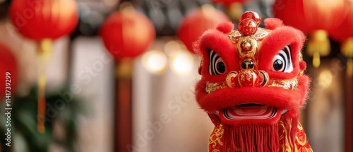 Chinese New Year symbolic gifts concept. A vibrant red lion dance costume with intricate details, set against a backdrop of decorative lanterns, symbolizing celebration and tradition.