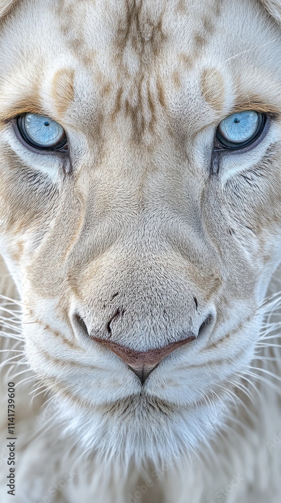 Close-up of a white lion's face with striking blue eyes and detailed fur texture. Close-up of a white lion's face with striking blue eyes and detailed fur texture.