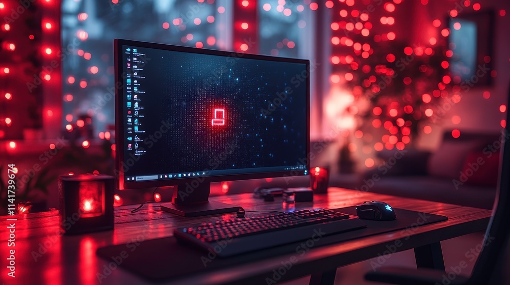A cozy workspace with a computer, keyboard, and ambient lighting for productivity and relaxation. A cozy workspace with a computer, keyboard, and ambient lighting for productivity and relaxation.