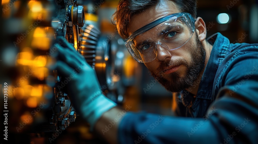 Focused male mechanic inspecting industrial machinery wearing safety glasses and gloves. Focused male mechanic inspecting industrial machinery wearing safety glasses and gloves.