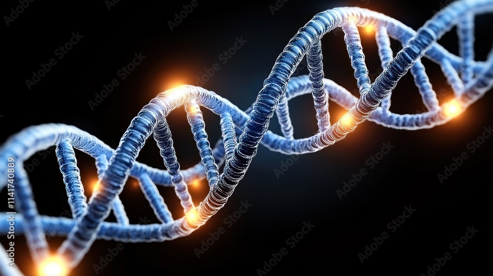 3D representation of a DNA double helix with glowing elements. 3D representation of a DNA double helix with glowing elements.