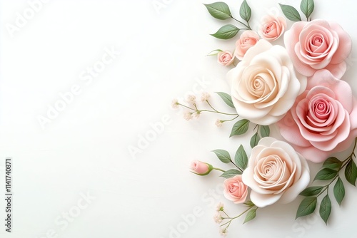 Delicate Arrangement of White and Pink Roses with Green Leaves on Light Background. Elegant Floral Composition. Soft and Romantic Design for Decoration. Free space for text. AI generated