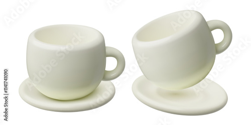 White cup and saucer 3d realistic vector illustration. Empty ceramic porcelain, mug with plate isolated on white background.