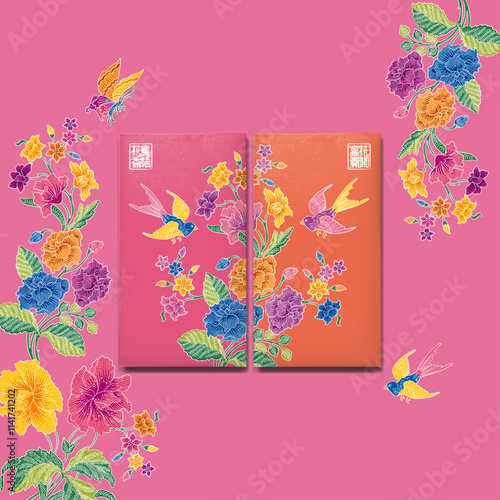 Angpao Design with Peranakan Batik Sarong Pattern. Translation: (Left) Birdsong and Fragrant Flowers, (Right) Blossom for Fortune