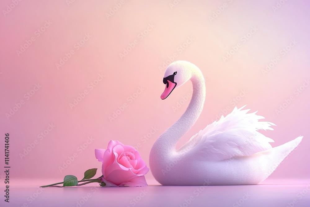 cartoon swan holding a pink rose, on a color plan. background with copy space. strong happy emotions. high detail. unusual colored lighting cartoon swan holding a pink rose, on a color plan. background with copy space. strong happy emotions. high detail. unusual colored lighting