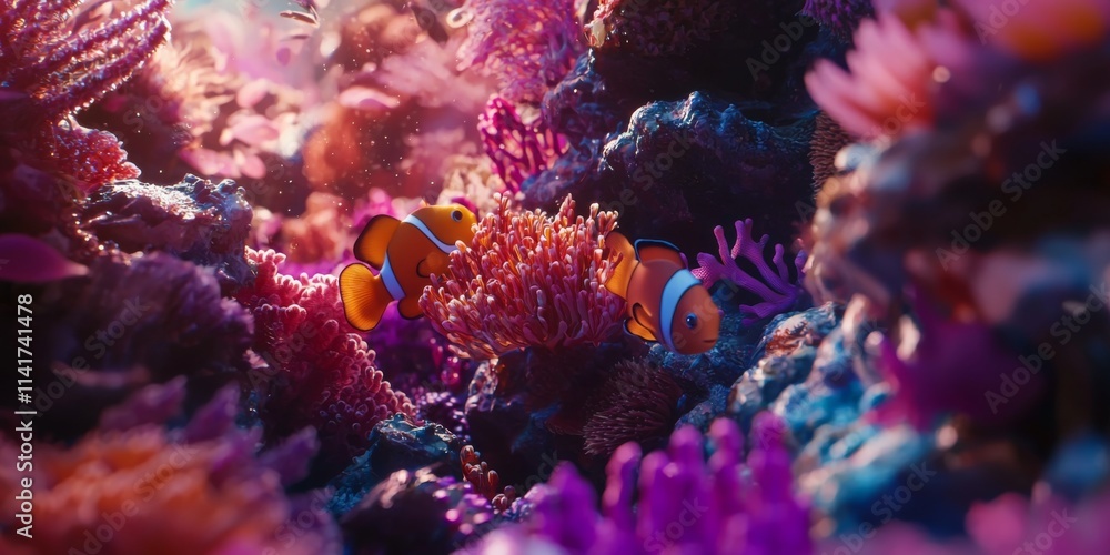 Fototapeta premium Vibrant Coral Reef with Colorful Fish Swimming Among Bright Coral Structures in Underwater Scene