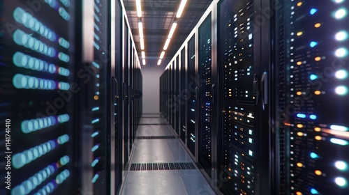 Working Computer Server Room with Latticed Doors and Rows of Server Hardware in a Data Center photo