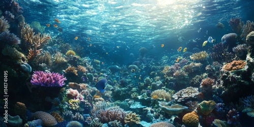 Vibrant Coral Reef Ecosystem with Diverse Marine Life Under Bright Sunlight in Tranquil Ocean Waters