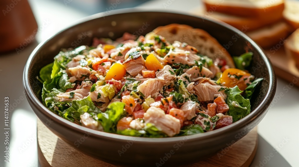 Fresh and Healthy Salad Bowl with Grilled Chicken, Colorful Vegetables, and Crisp Greens Served in a Rustic Bowl on a Bright Table Fresh and Healthy Salad Bowl with Grilled Chicken, Colorful Vegetables, and Crisp Greens Served in a Rustic Bowl on a Bright Table