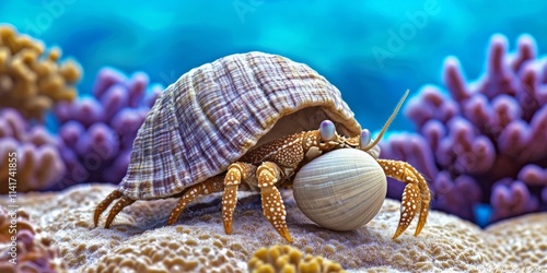 Colorful Hermit Crab with Shell on Coral Reef in Vibrant Underwater Scene photo