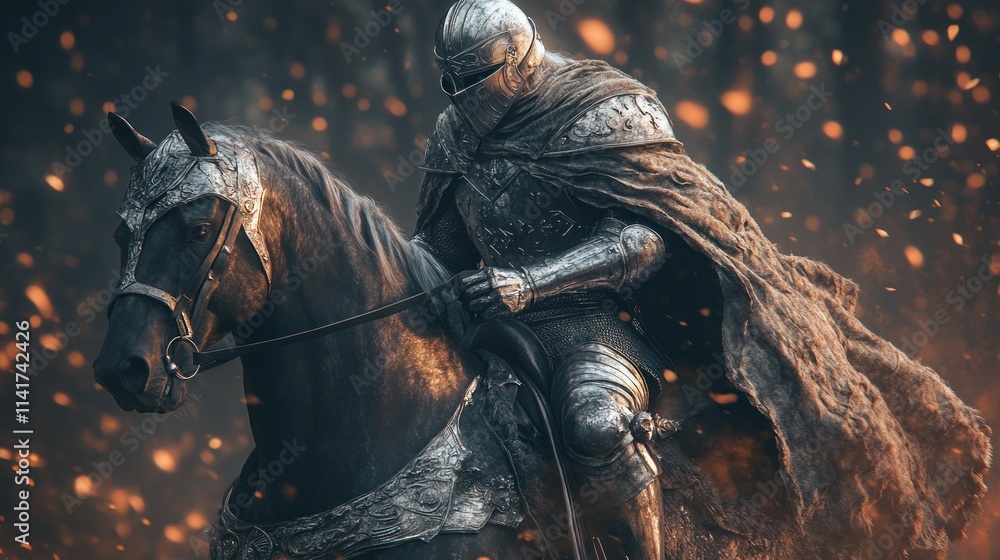 Fototapeta premium A silver-armored knight in medieval times, riding on a black horse, with a polished helmet and billowing cloak. He is riding through a dense enchanted forest, filled with glowing magical runes.