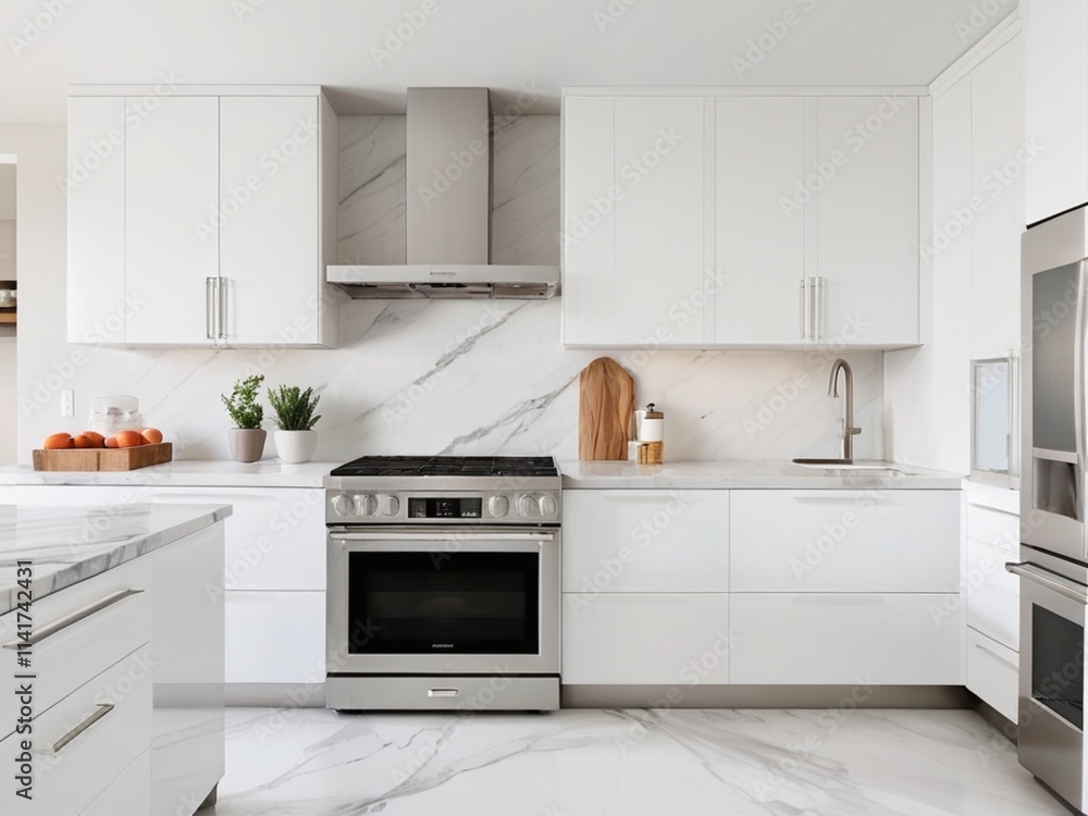 Fototapeta premium sleek modern kitchen with white cabinets, marble countertops, and stainless steel appliances