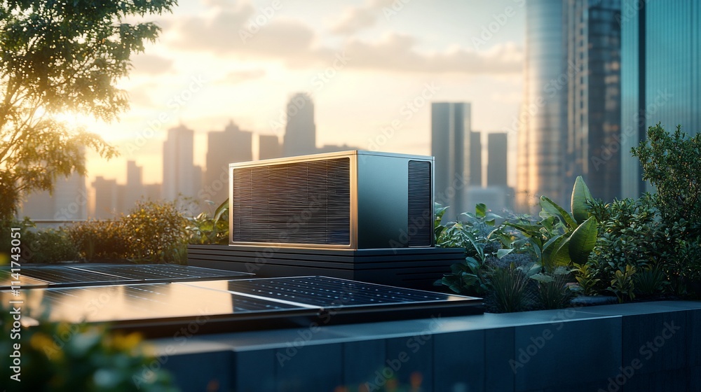 A modern rooftop with solar panels and a sleek water feature against a city skyline.