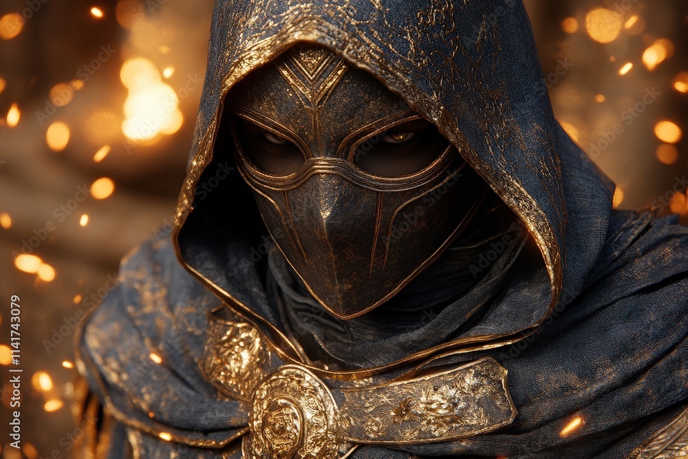 A mysterious male figure cloaked in dark and gold robes, his face obscured by an ornate mask, surrounded by glowing embers. A mysterious male figure cloaked in dark and gold robes, his face obscured by an ornate mask, surrounded by glowing embers.