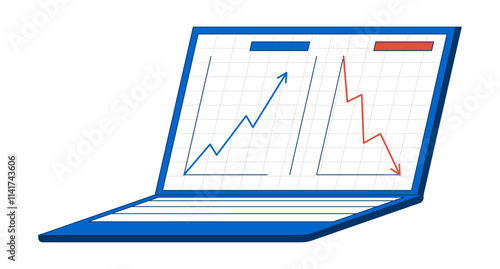 Laptop displaying line graphs with upward, downward trends 2D cartoon object. Notebook screen comparative data analysis isolated element flat vector clipart on white background. Spot illustration