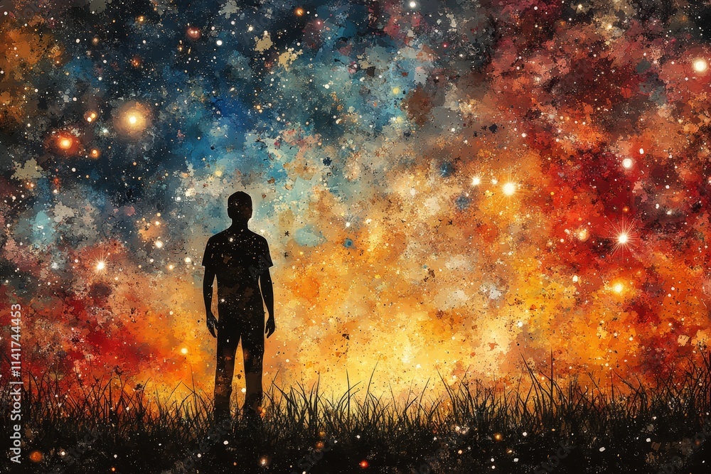A silhouette of a man stands against a vibrant cosmic backdrop filled with stars and colorful nebulae, evoking a sense of wonder and exploration. A silhouette of a man stands against a vibrant cosmic backdrop filled with stars and colorful nebulae, evoking a sense of wonder and exploration.