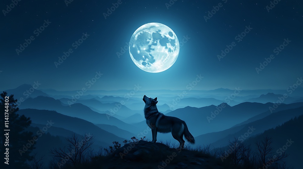 Majestic Wolf Gazing at the Full Moon Over Mountain Peaks, Generative AI Majestic Wolf Gazing at the Full Moon Over Mountain Peaks, Generative AI