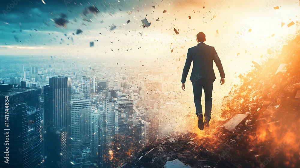 Businessman walking towards a bright future, leaving behind destruction. Businessman walking towards a bright future, leaving behind destruction.