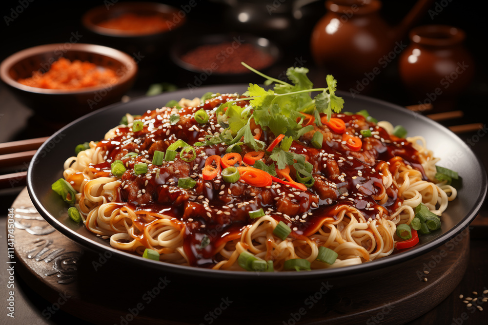 a plate of spicy noodle dish, likely Sichuan style, with red chili oil, green onions, and other vegetables. a plate of spicy noodle dish, likely Sichuan style, with red chili oil, green onions, and other vegetables.