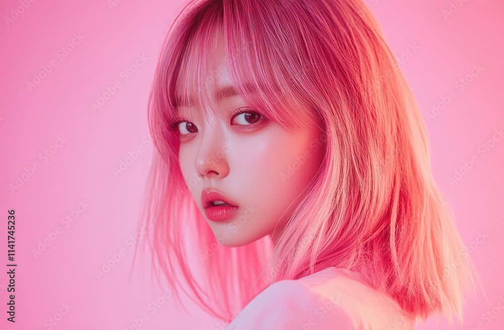 A Korean woman with pink hair, straight bangs, and a medium-length bob haircut, set against a pink and purple background A Korean woman with pink hair, straight bangs, and a medium-length bob haircut, set against a pink and purple background