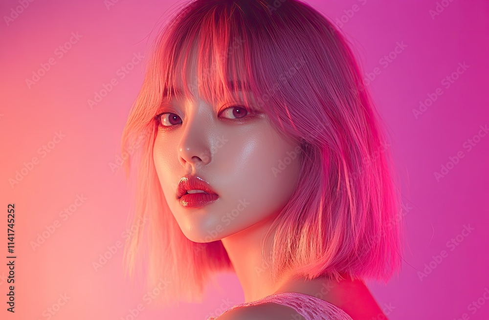 A Korean woman with pink hair, straight bangs, and a medium-length bob haircut, set against a pink and purple background A Korean woman with pink hair, straight bangs, and a medium-length bob haircut, set against a pink and purple background