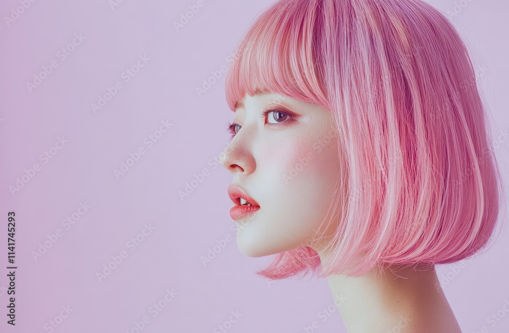 A Korean woman with pink hair, straight bangs, and a medium-length bob haircut, set against a pink and purple background A Korean woman with pink hair, straight bangs, and a medium-length bob haircut, set against a pink and purple background