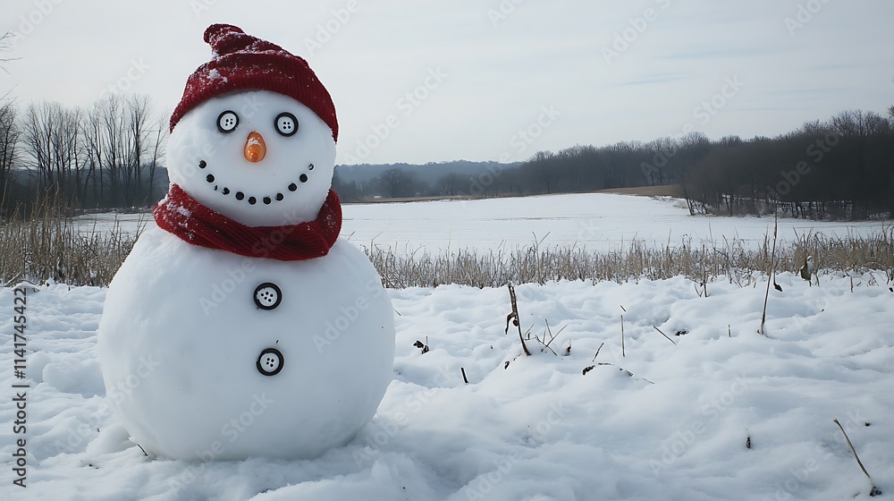Obraz premium Snowman with Red Scarf and Button Eyes in Winter Landscape