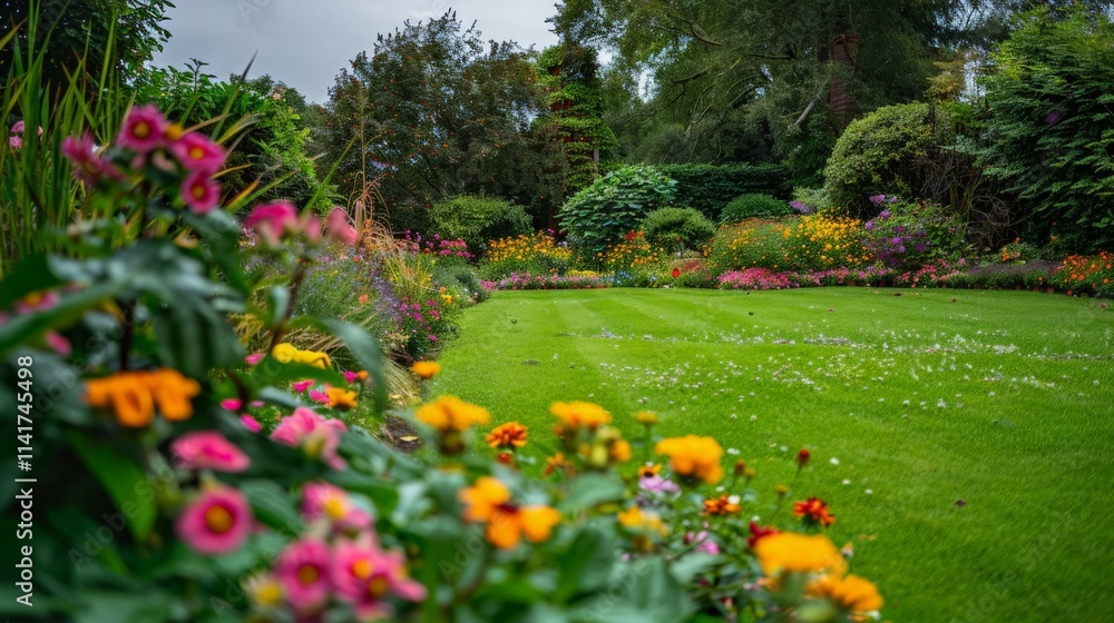 A vibrant summer garden filled with blooming flowers and lush greenery A vibrant summer garden filled with blooming flowers and lush greenery