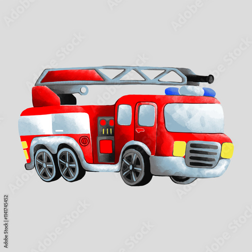 Adobe IllustrCartoon red fire truck on a white background. Watercolor vector illustrationator Artwork