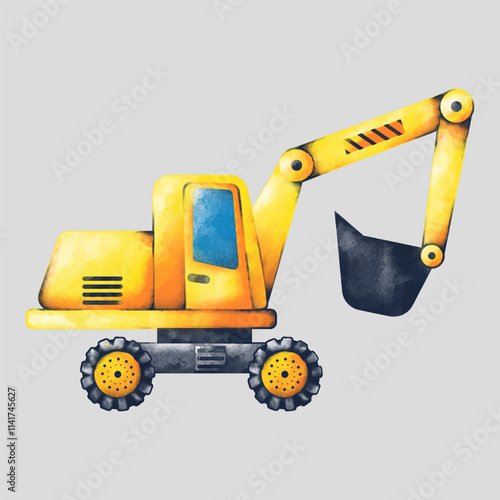 Yellow cartoon excavator. Side view. Watercolor vector illustration